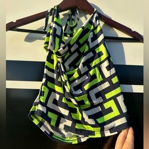 Swoop Neck Halter Crop Top, Small,  Navy Blue & Neon Green